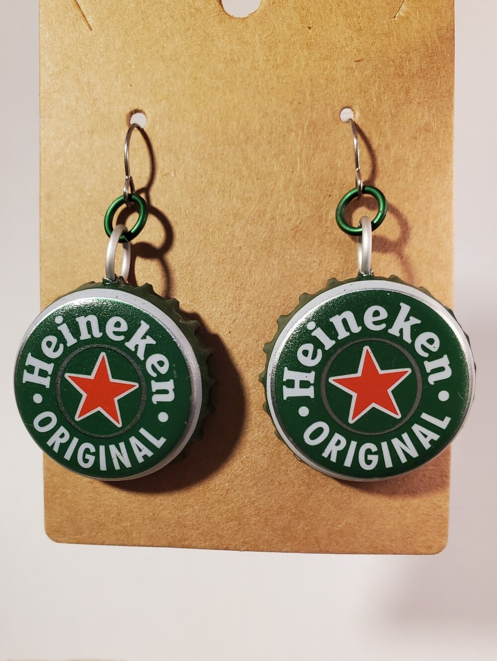 Heineken Bottle Cap Dangle Earrings - Green & Red
